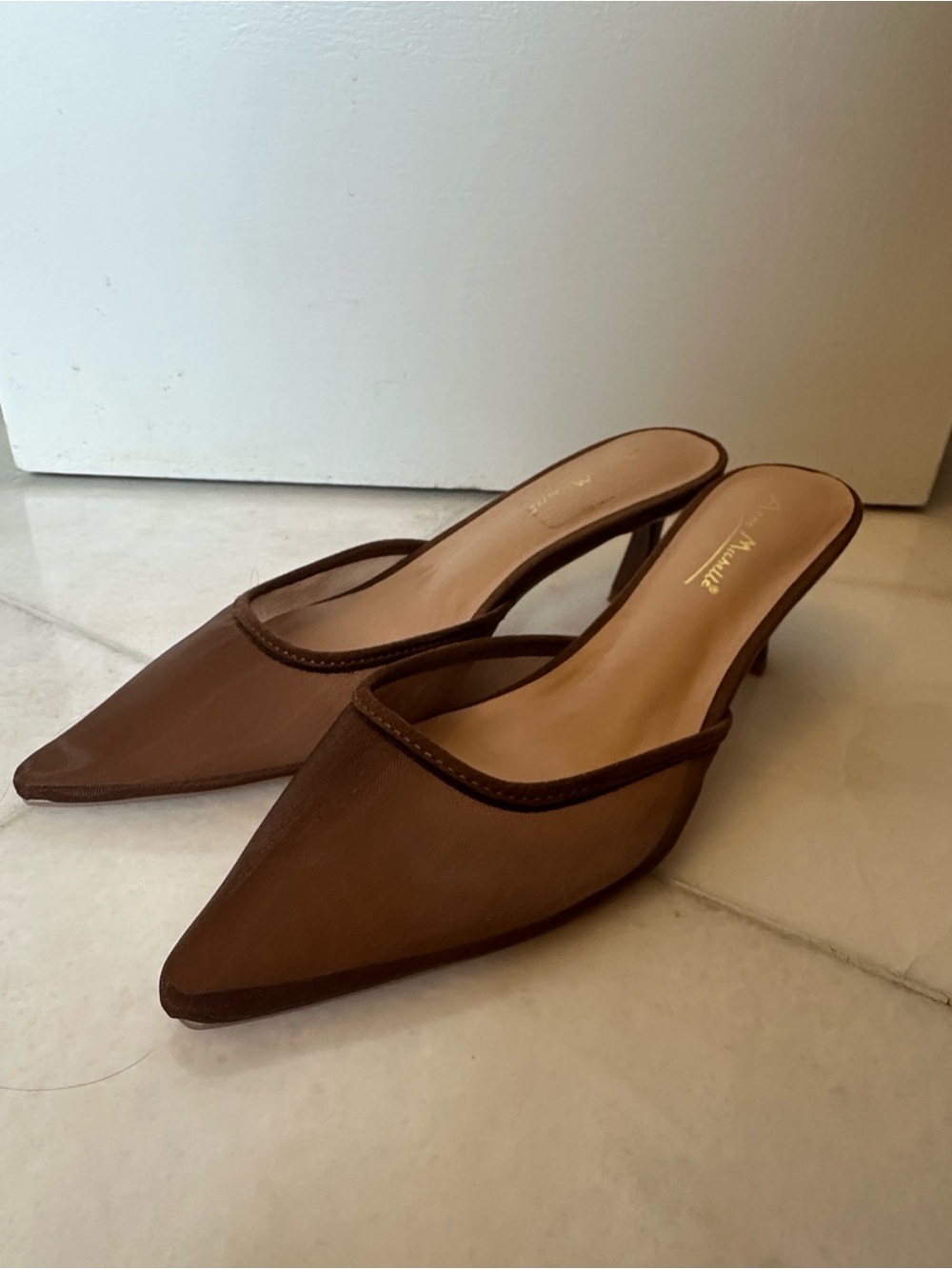 BRAND NEW Brown Pointed-Toe Mesh Mule Kitten Heels